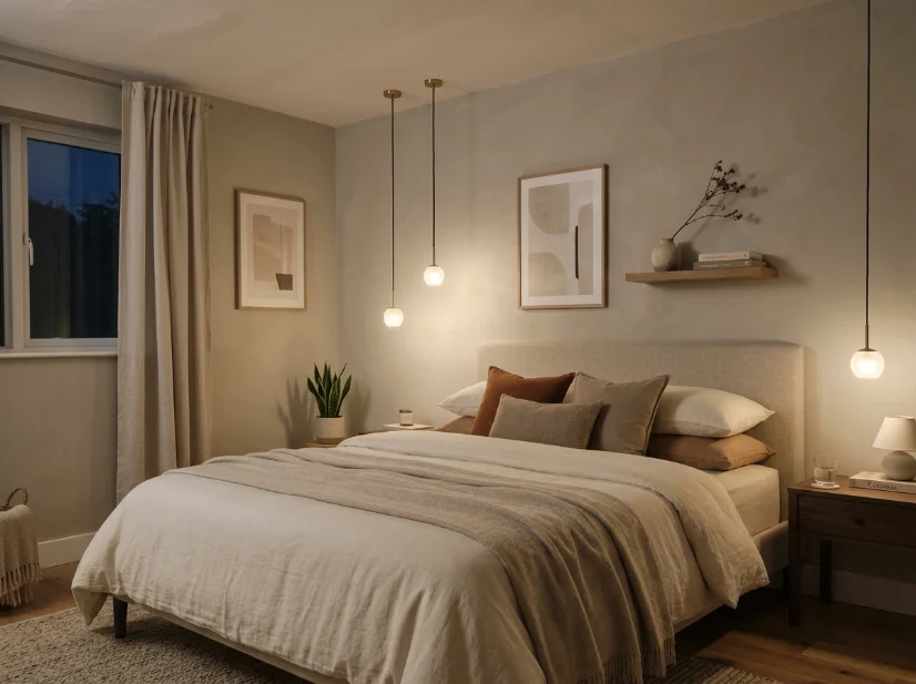 Small bedroom featuring clustered micro pendant lights