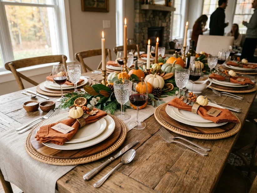 Mixed wood and rattan chargers on a Thanksgiving table.
