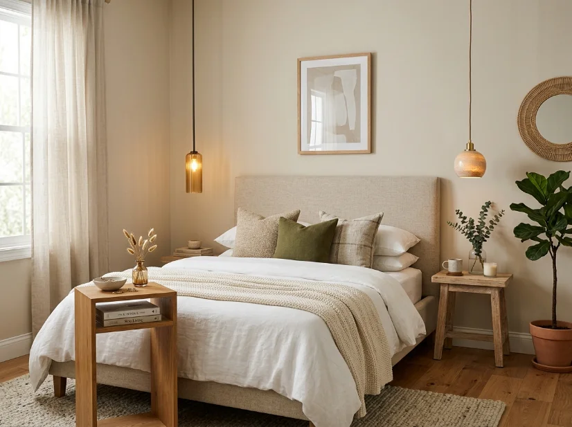 Bedroom with mismatched pendant lights hanging beside the bed
