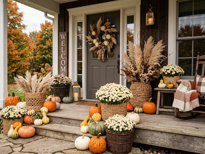 Mixed natural textures creating an elegant fall porch display.