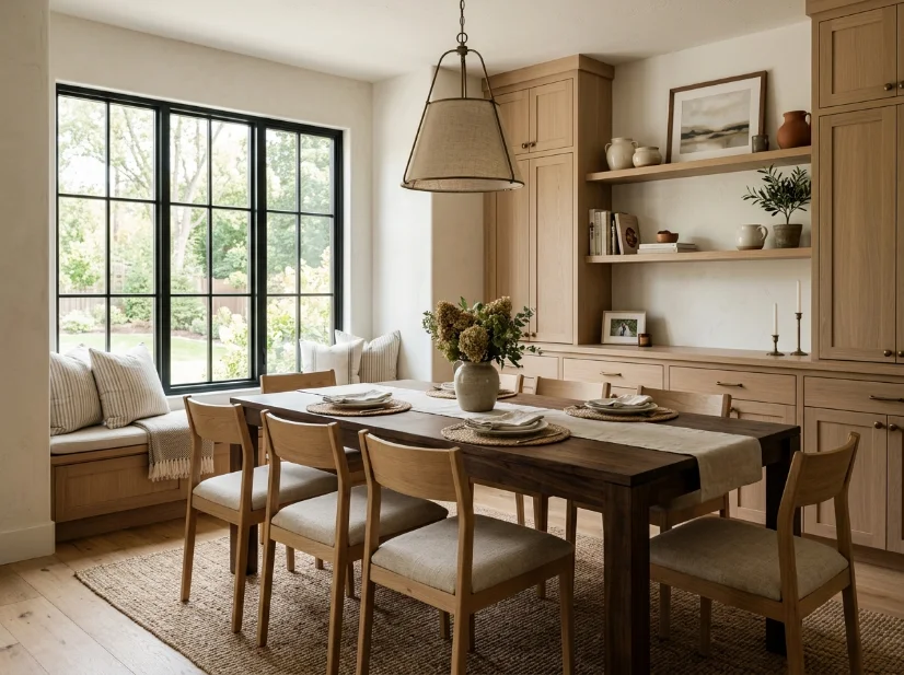 Modern cottage dining room mixing light oak and dark wood tones