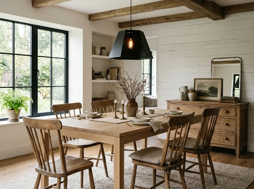 Antique farmhouse chairs mixed with a modern dining table
