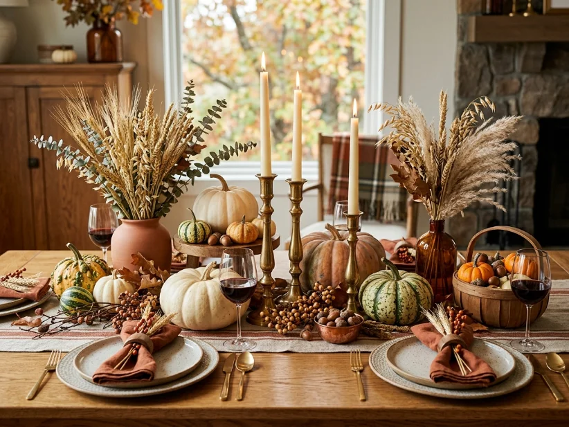Thanksgiving centerpiece with pumpkins and decor at different heights.