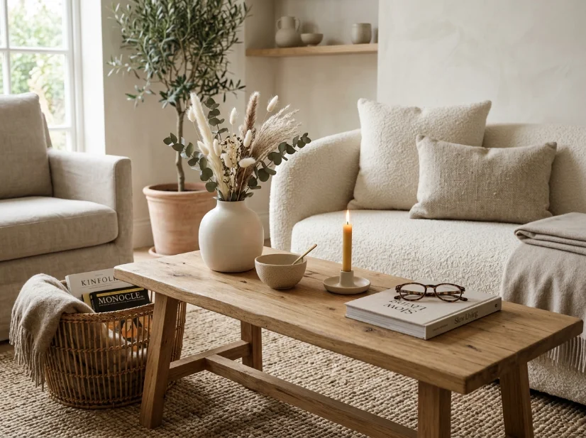 Mixed ceramic linen wood and woven textures in a neutral living room