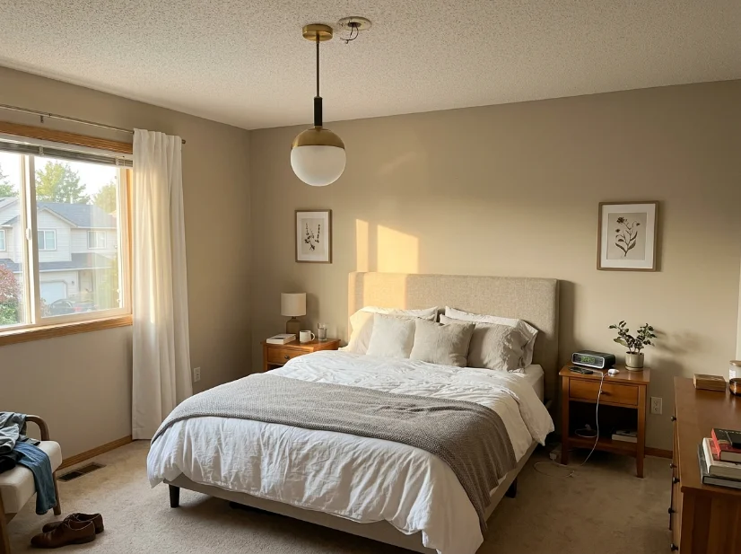 Modern bedroom with pendant lighting replacing an outdated ceiling fixture