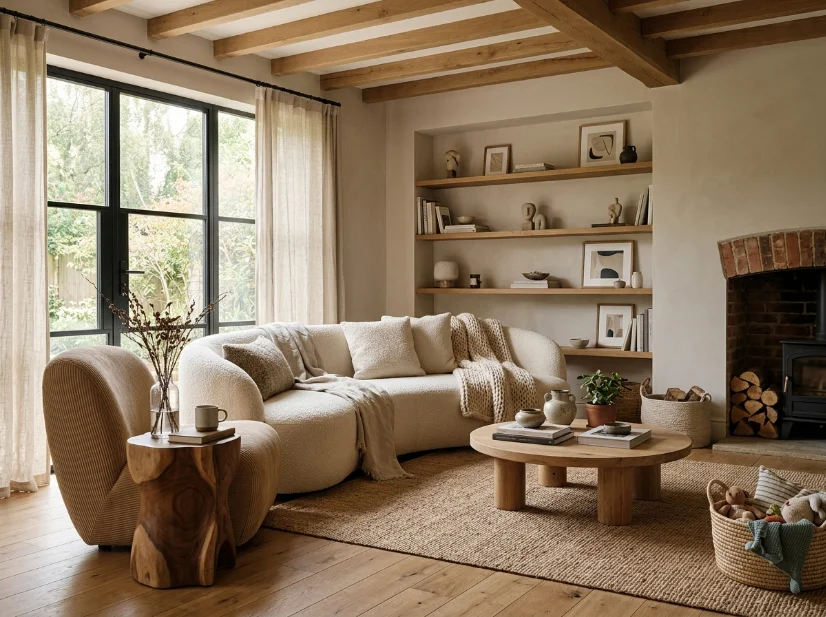 Modern living room with sculptural curved furniture and warm neutral decor