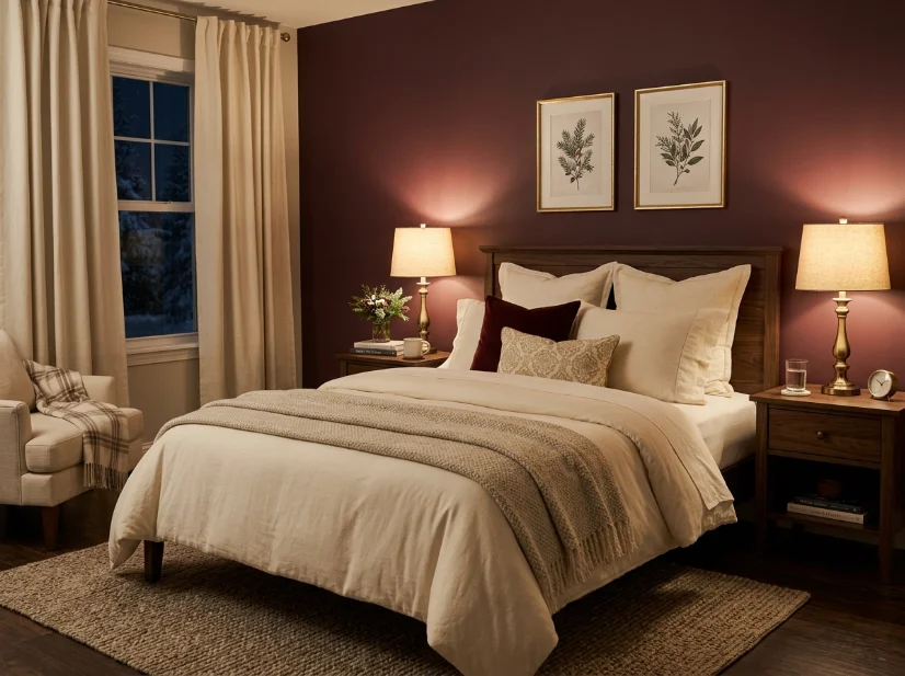 Muted burgundy bedroom with warm lighting and cream bedding.
