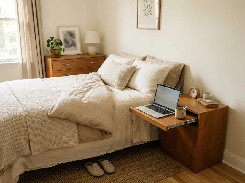Nightstand with pull-out shelf and laptop beside a small bed