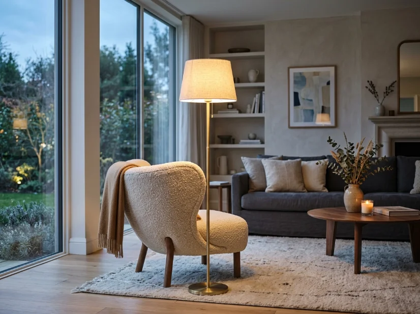 Curved chair enhanced by warm lighting in a north-facing living room