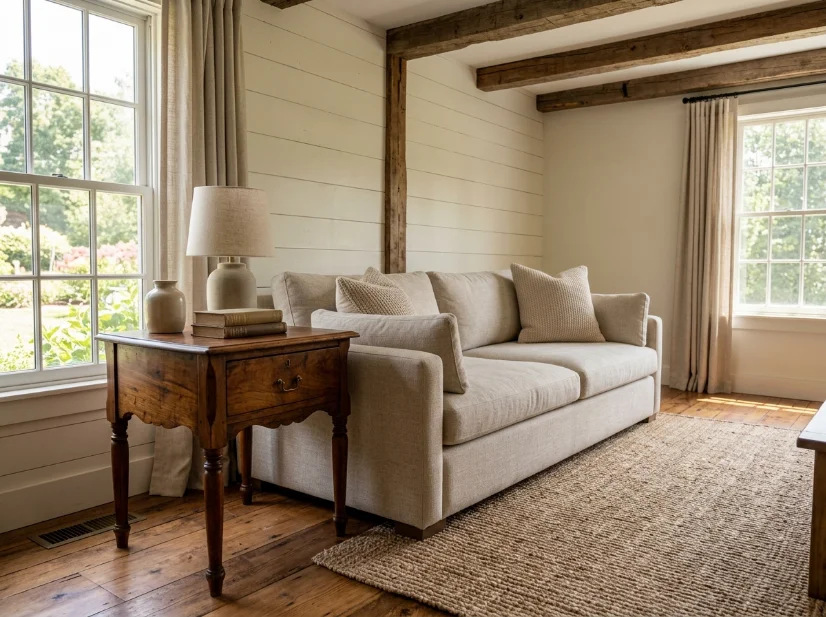 Antique walnut side table used as an anchor in a modern living room