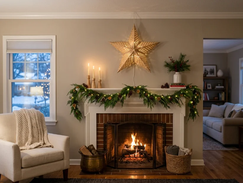 Oversized woven paper Christmas star above a fireplace mantel