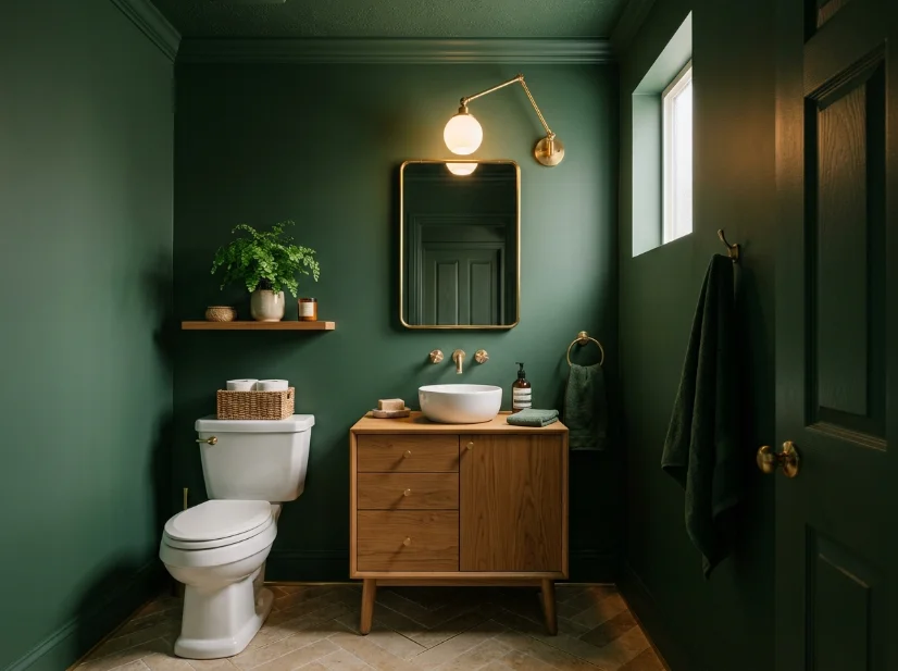 Deep green ceiling and walls create a seamless color-drenched effect in a small bathroom.