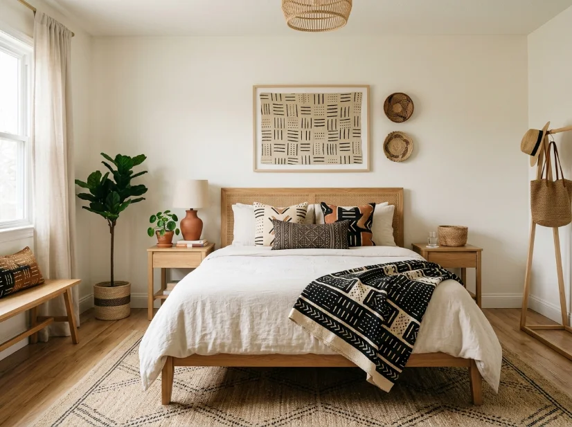 Afrobohemian bedroom using patterned pillows, throw, and rug sparingly