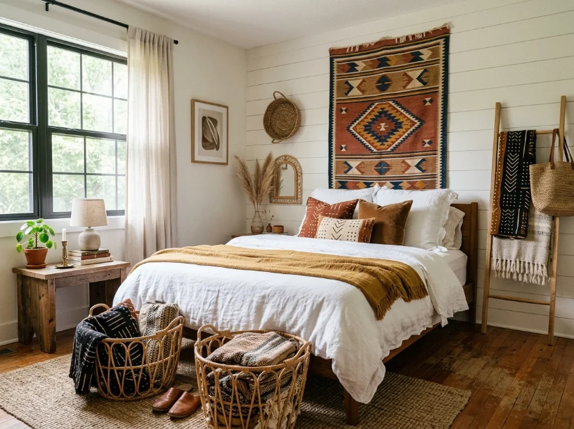 Bedroom transitioning from modern farmhouse to warm afrobohemian style