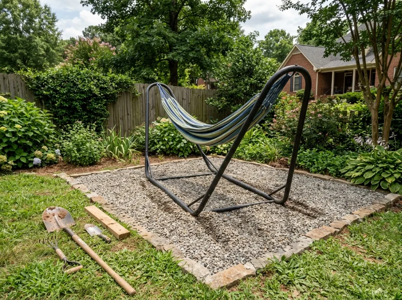 Properly leveled ground beneath a backyard hammock stand
