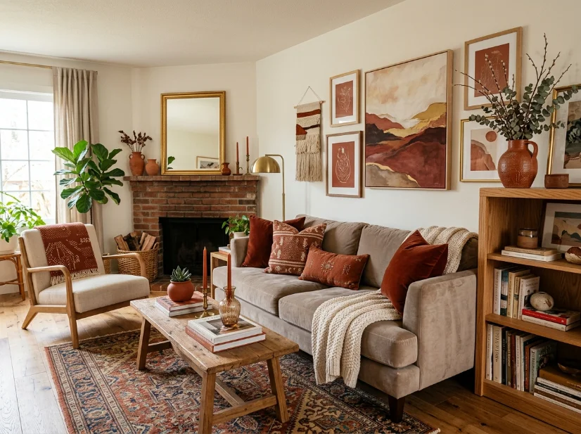 Deep rust accent color repeated throughout a maximalist living room