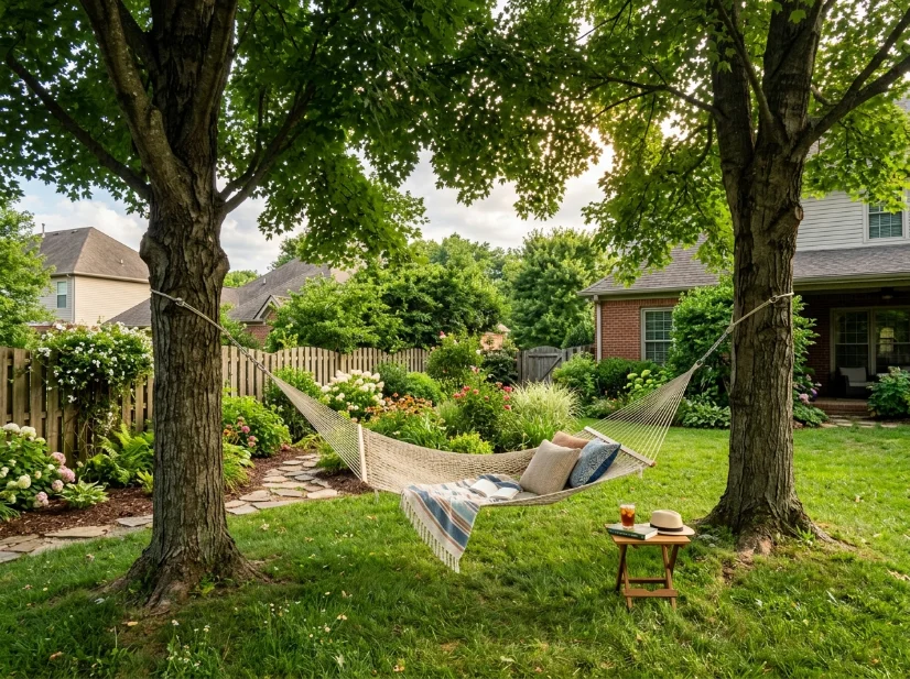 Hammock placed under mature maple trees for natural backyard shade