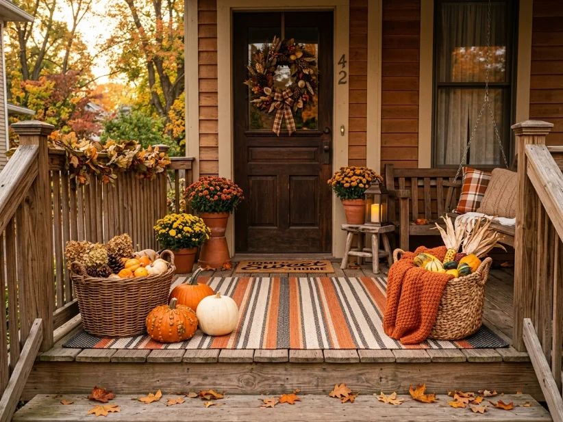 Outdoor rug making a small fall porch feel warm and inviting.