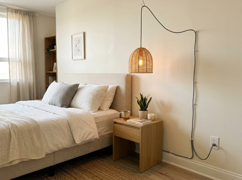 Plug-in swag pendant light used in a renter-friendly bedroom