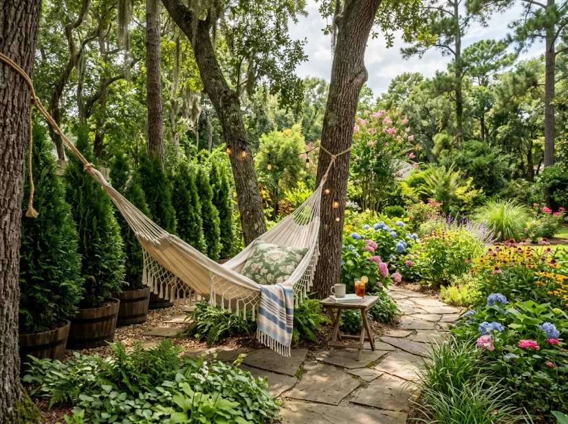 Hammock corner with potted arborvitae for natural privacy