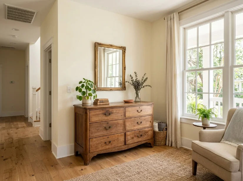 Antique wooden furniture positioned away from an air conditioning vent