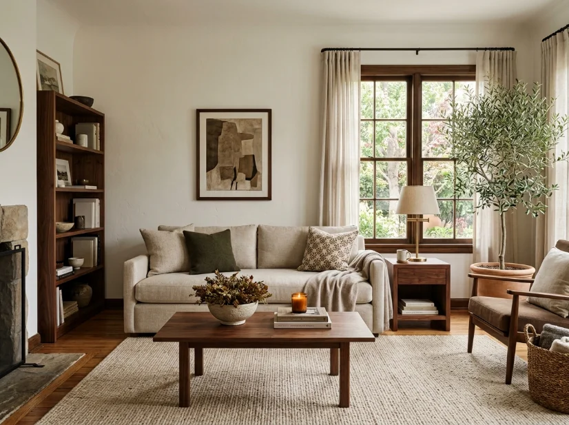 Quiet luxury living room with warm neutral colors and walnut furniture