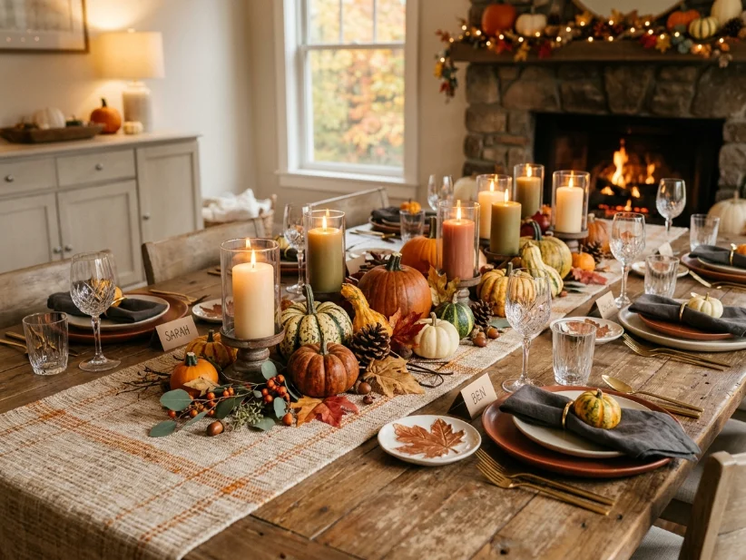 Mixed real and faux pumpkins decorating a Thanksgiving table.