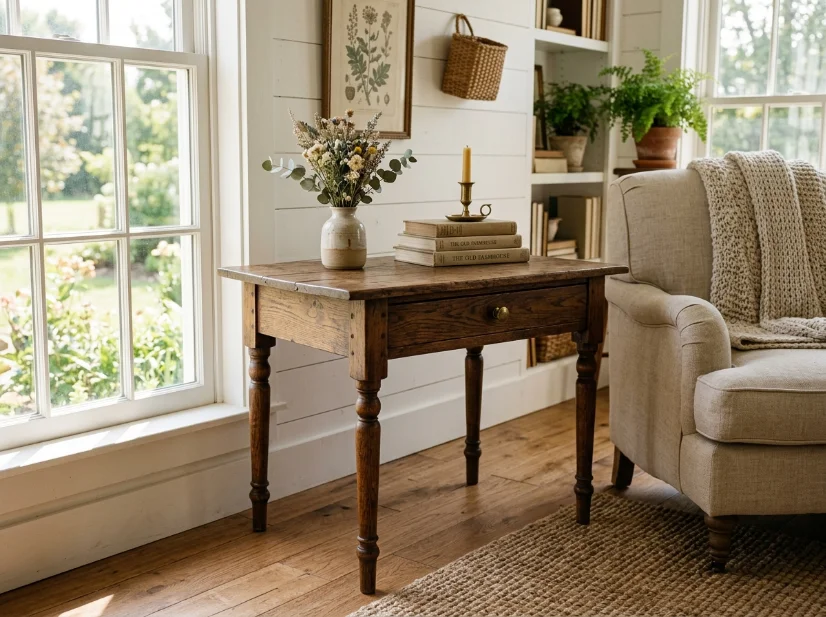 Antique oak side table showing its original natural wood finish