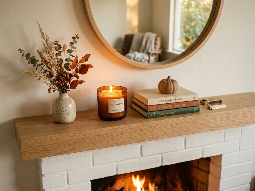 Simple fall mantel decorated with an amber candle and neutral accents.