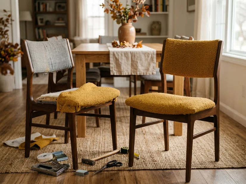 Dining chairs repurposed with mustard boucle upholstery for a cozy fall home