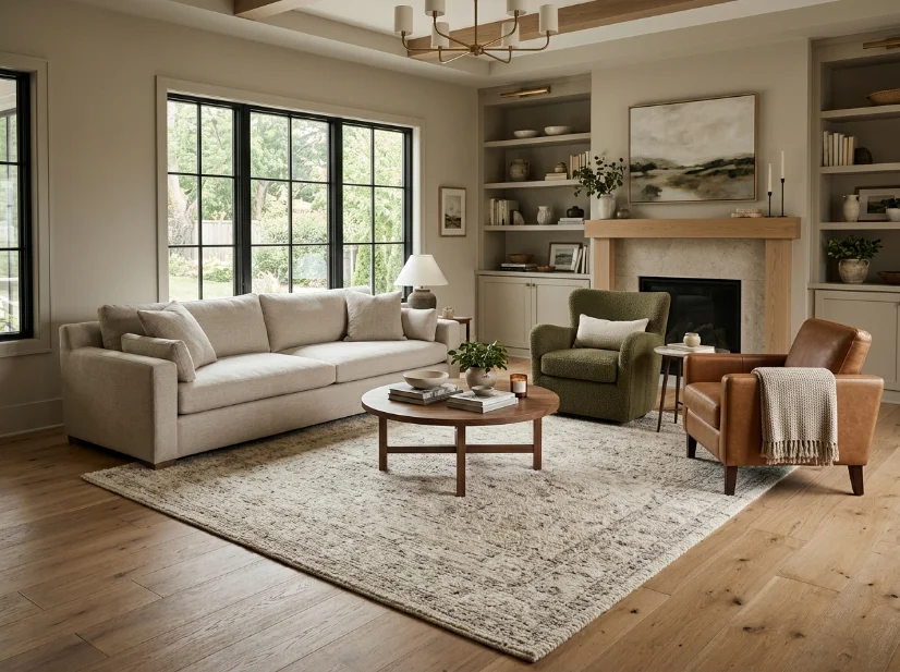 Furniture spaced around an oversized rug in a balanced living room