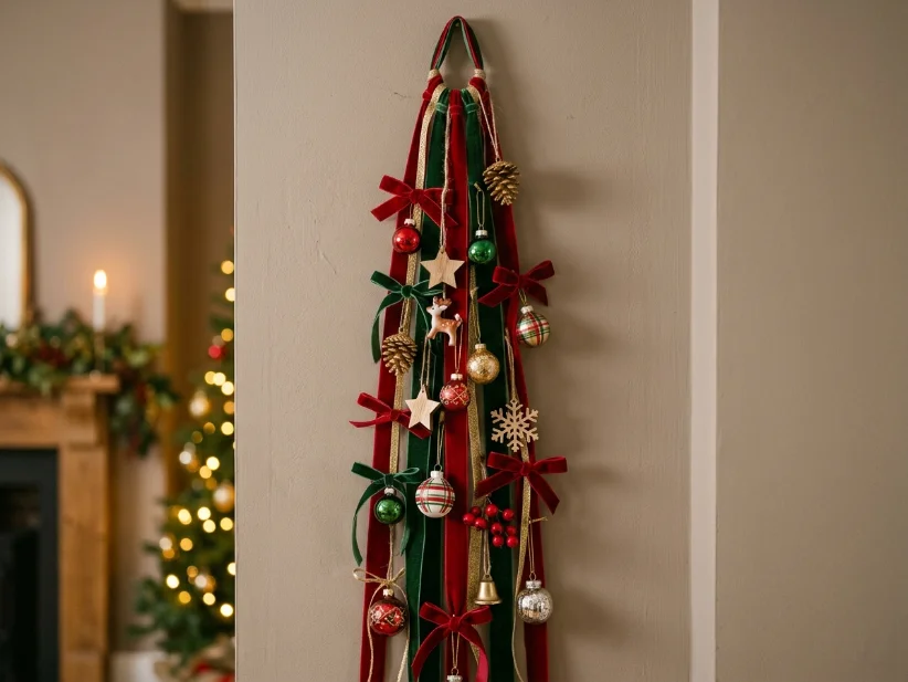 Christmas ribbon and ornament cascade wall decoration