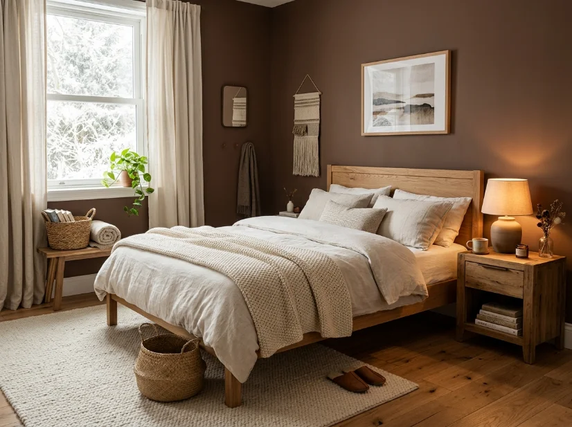 Cozy bedroom with rich brown walls, cream bedding, and natural wood furniture.