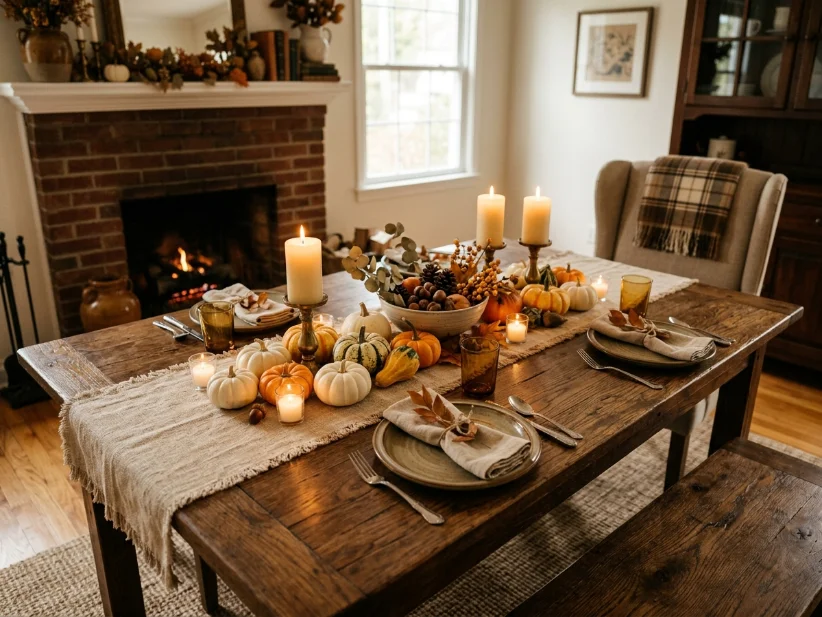 Wood dining table decorated with a linen runner and simple Thanksgiving decor.