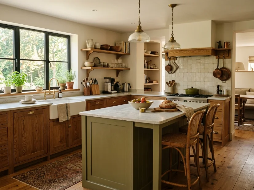 Kitchen featuring an olive green island with oak cabinets and brass hardware.