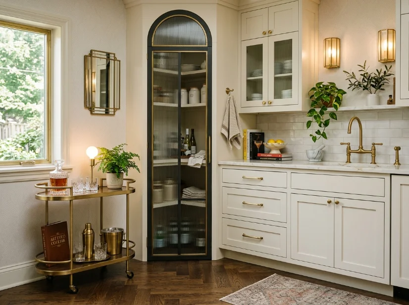 Curved brass bar cart as a statement piece in a kitchen