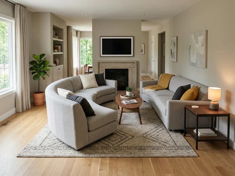 Curved sofa properly scaled for a medium-sized living room