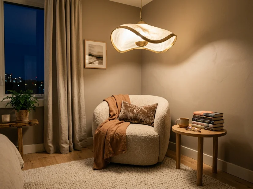 Sculptural pendant light above a cozy bedroom reading nook