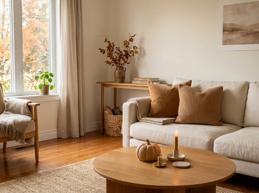 Minimal fall living room with a stoneware pumpkin and candle