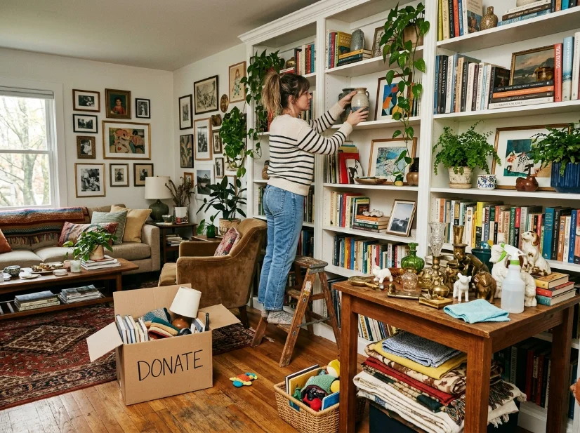 Secondhand decor pieces styled in a collected maximalist room