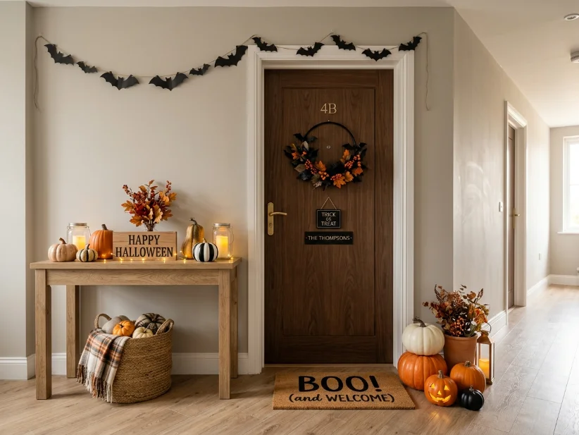 Simple renter-friendly Halloween decorations inside a cozy apartment.