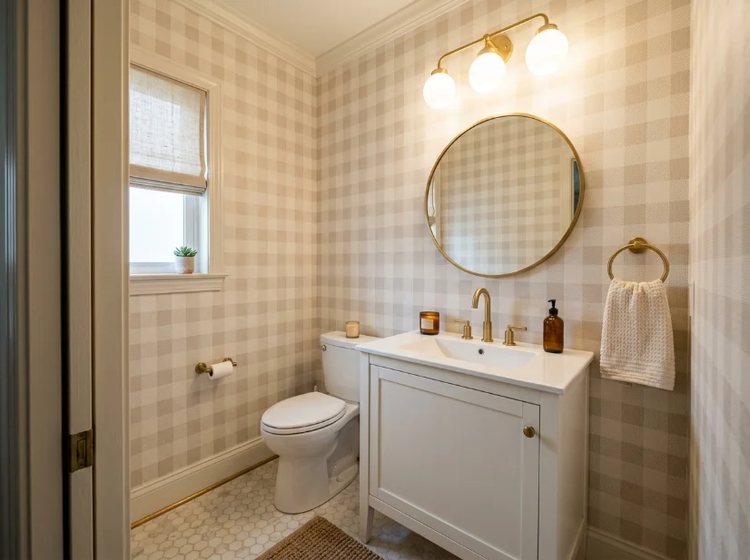 Grasscloth-look wallpaper in a practical laundry room