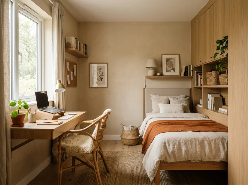 Small bedroom combining guest bed, home office, and storage furniture