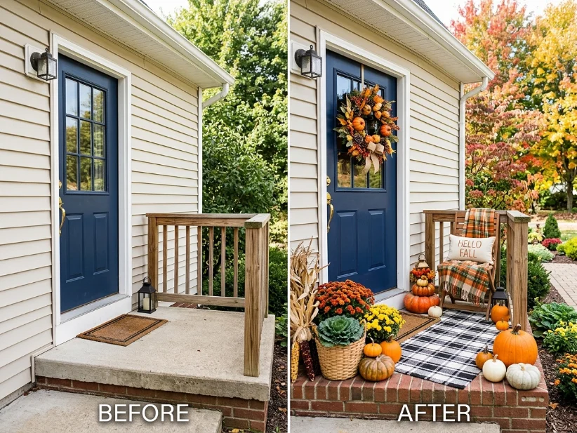 Small front porch decorated with simple fall decorations for autumn.