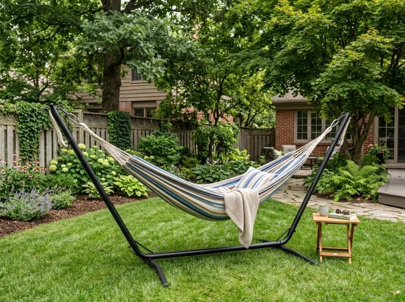 Sturdy metal hammock stand on a level backyard surface