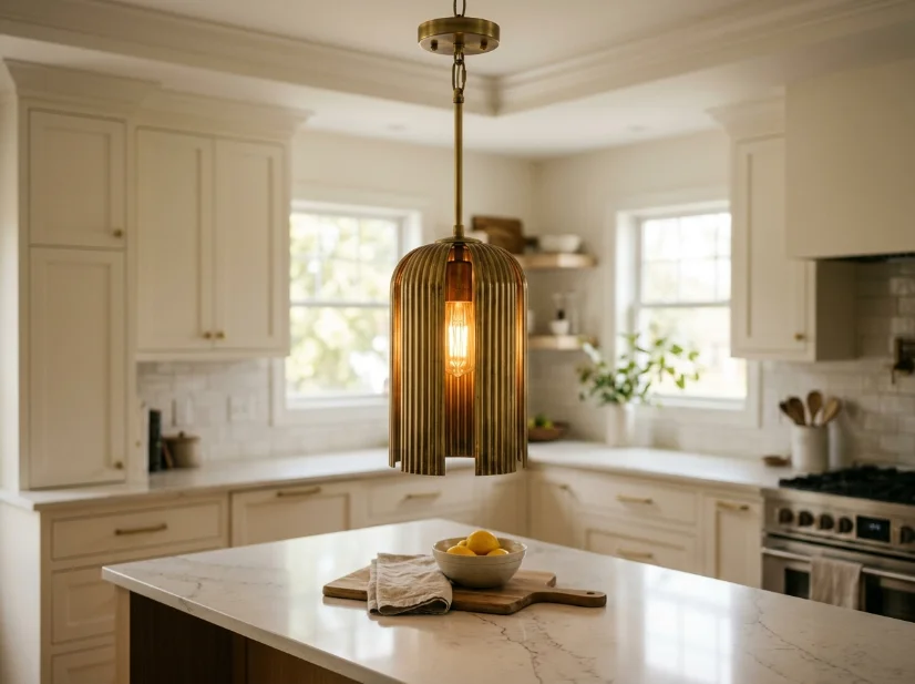 Fluted brass pendant light in a modern Art Deco kitchen