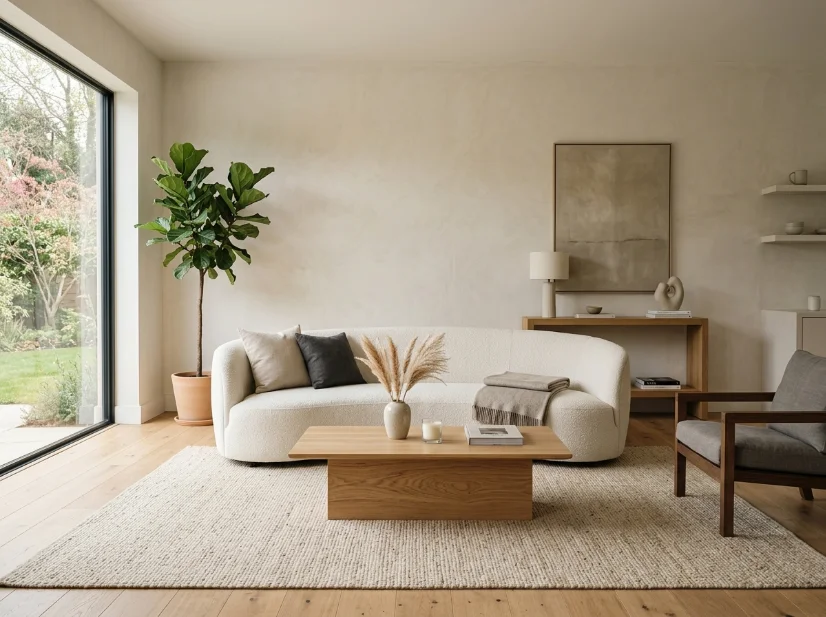 Living room centered around a single curved statement sofa