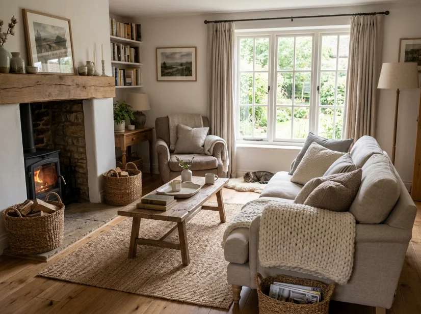 Modern cottage living room layered with linen, boucle, knit, and jute textures