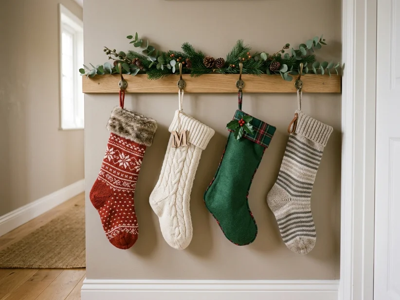 Christmas stockings hanging from a wooden picture rail in a hallway