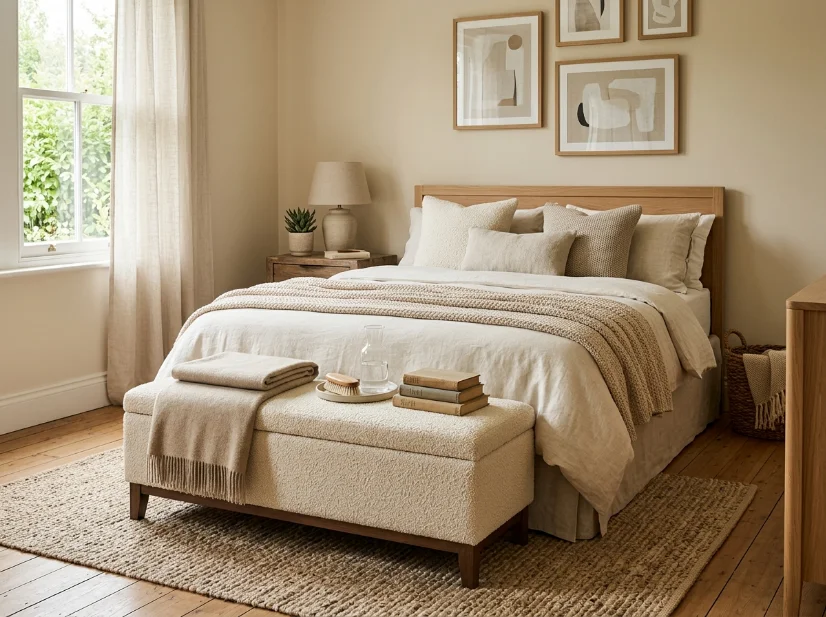 Boucle storage bench at the foot of a small bedroom bed
